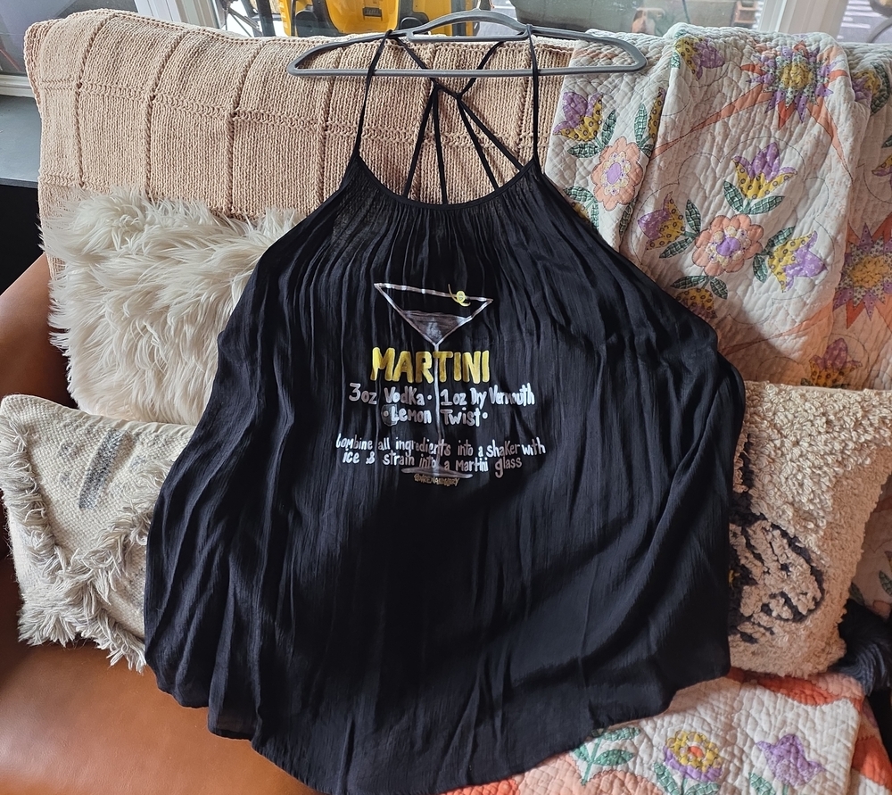 Black Custom Martini Graphic Halter Dress